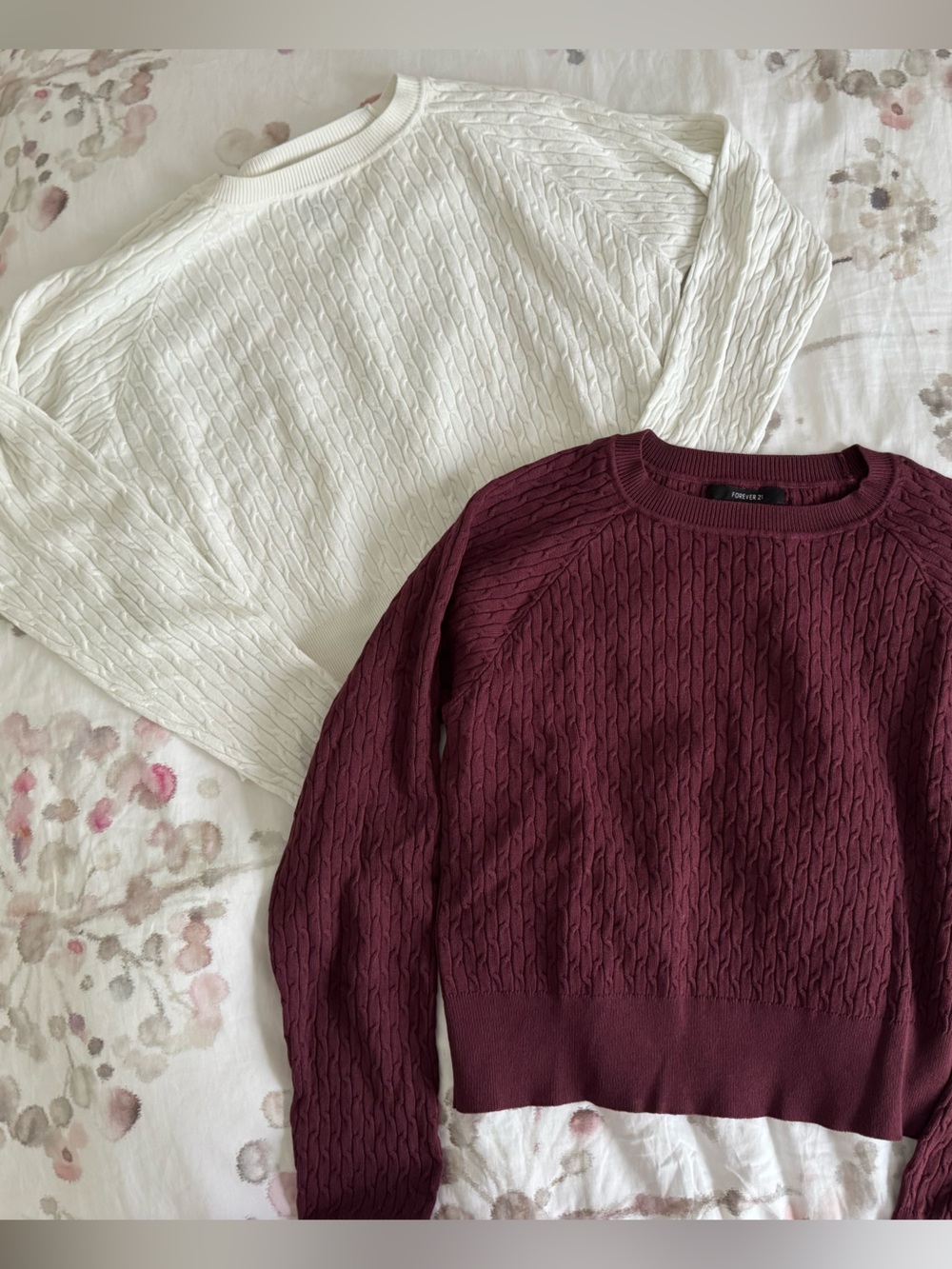 Set of 2 Women's Cable Knit Crewneck Sweater - Burgundy and Cream